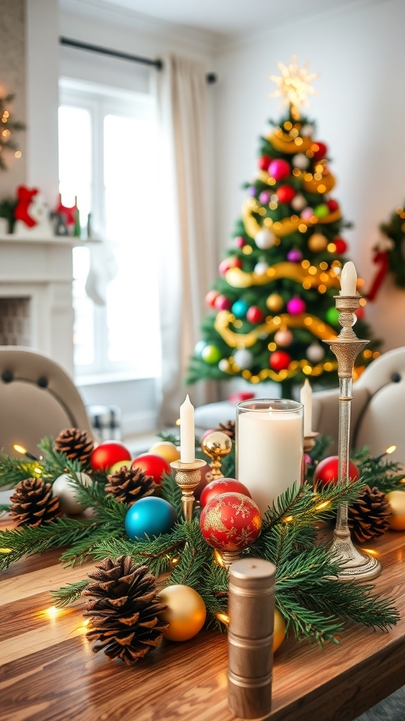 A festive Christmas table setting with ornaments, lights, and natural decorations.